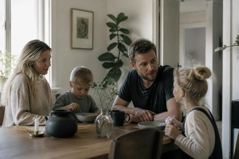 Familj som sitter tillsammans runt ett träbord i ett ljust nordiskt vardagsrum