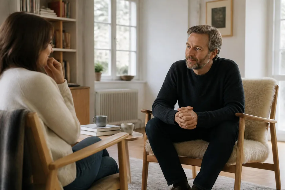 Två fåtöljer vända mot varandra i ett ljust, lugnt rum
